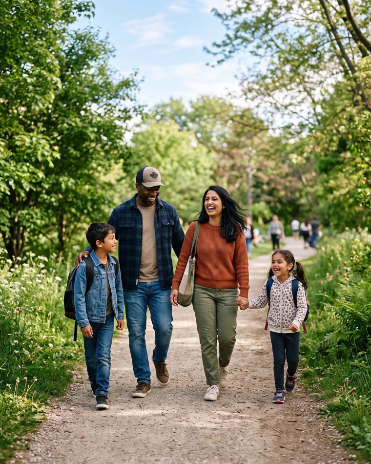 A family walking together along a sunlit path outdoors.